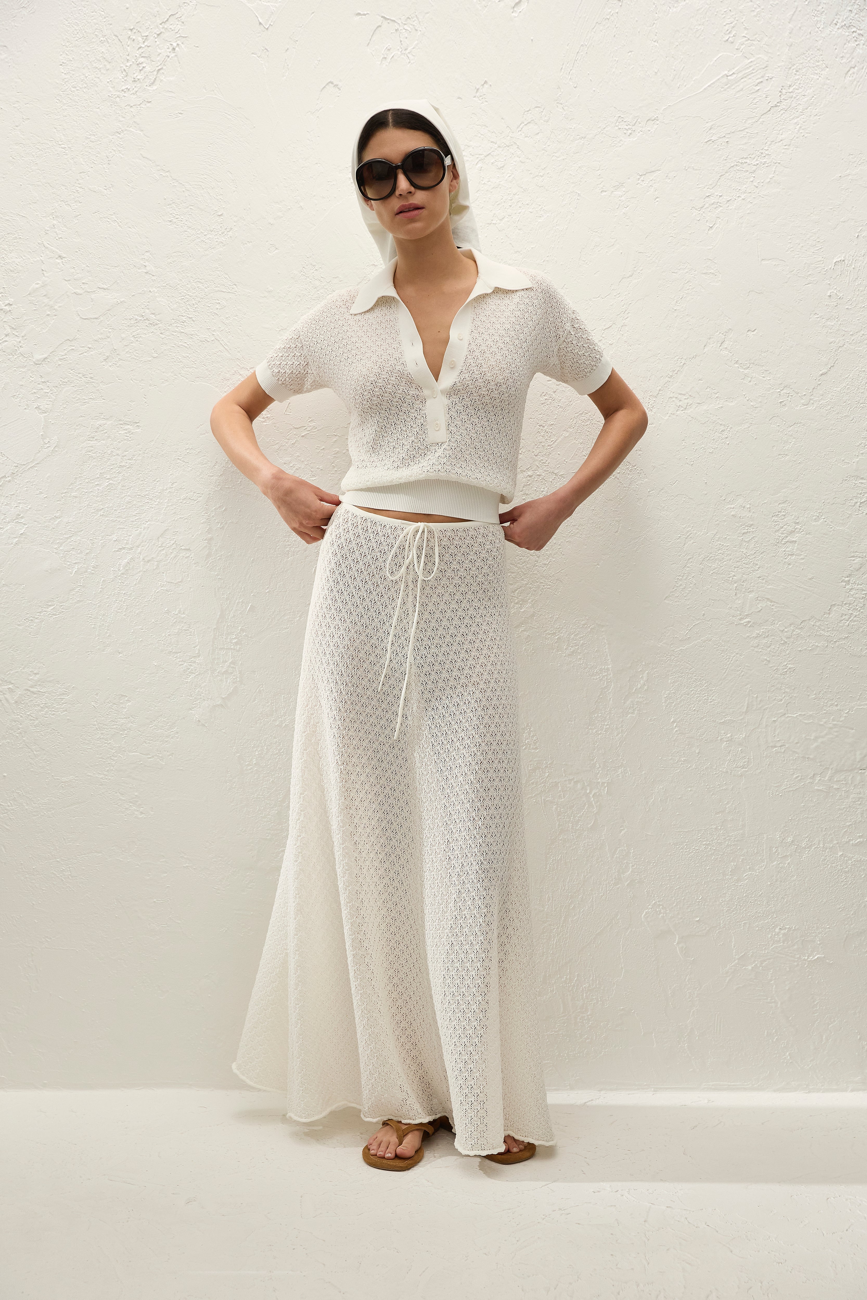Lenna Polo Top Pointelle Lace Vintage White - Final Sale