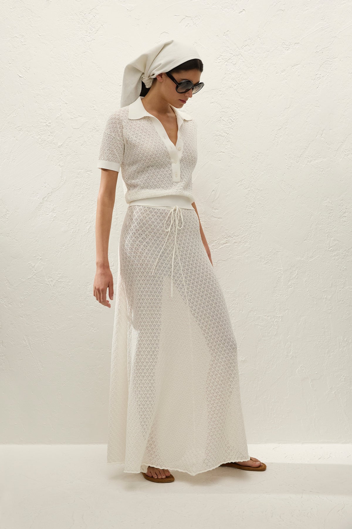 Lenna Polo Top Pointelle Lace Vintage White - Final Sale