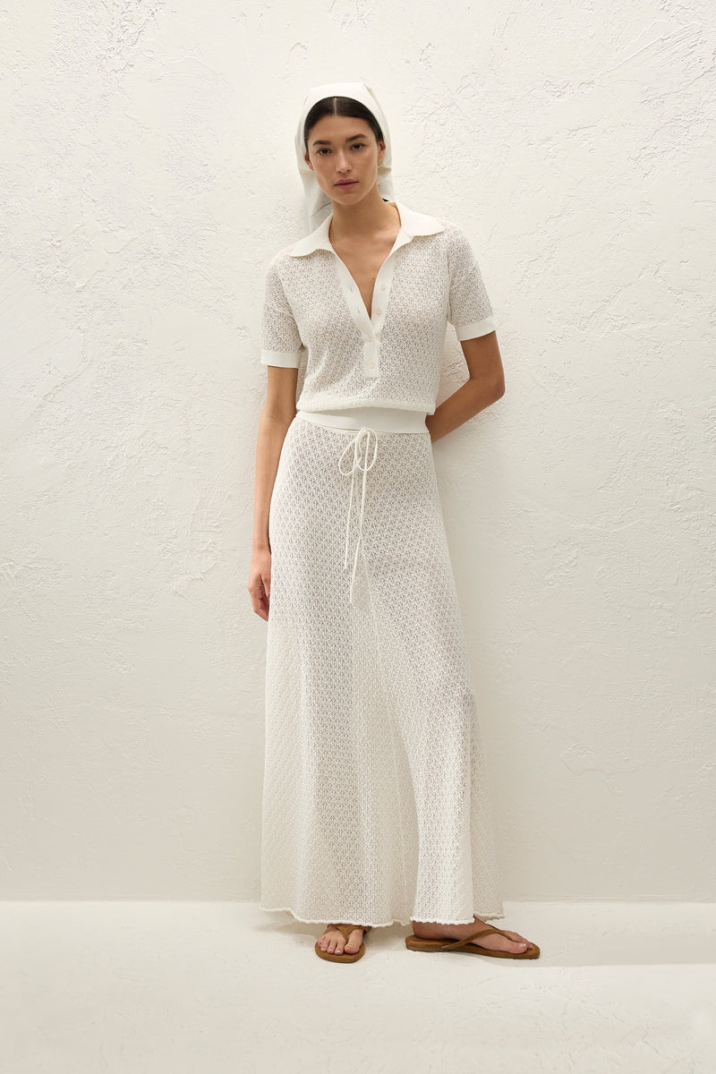 Lenna Polo Top Pointelle Lace Vintage White - Final Sale