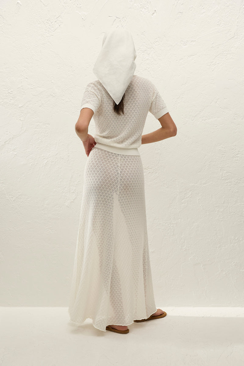 Lenna Polo Top Pointelle Lace Vintage White - Final Sale