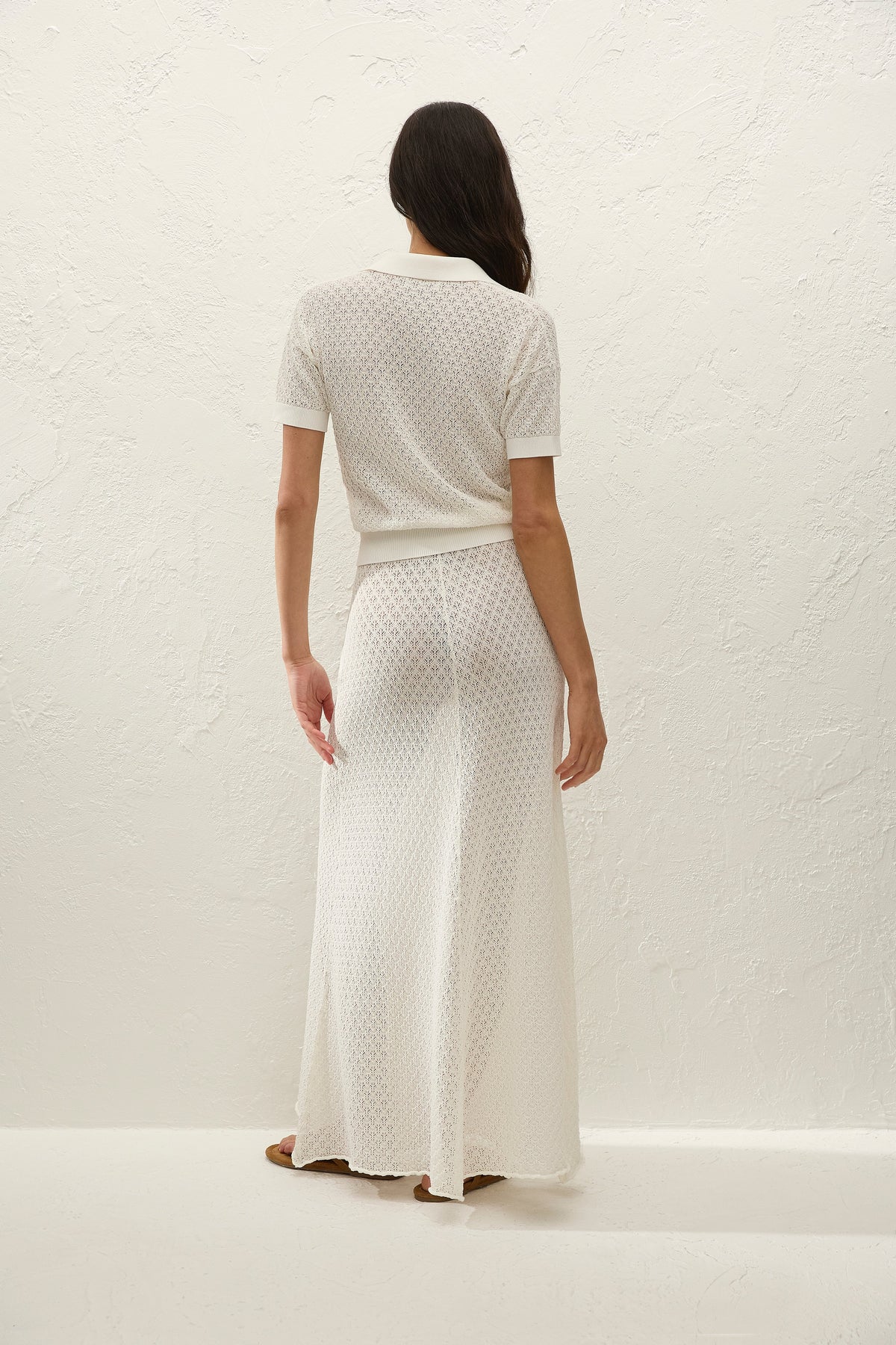 Lenna Polo Top Pointelle Lace Vintage White - Final Sale