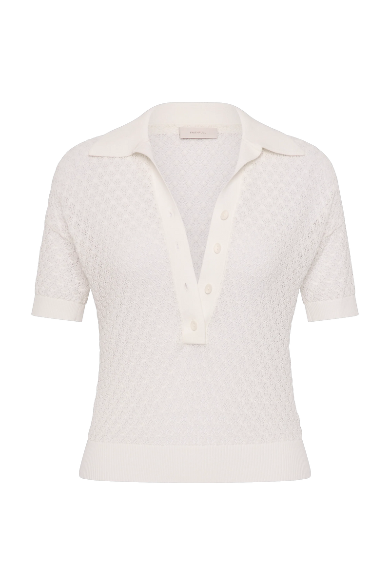 Lenna Polo Top Pointelle Lace Vintage White - Final Sale