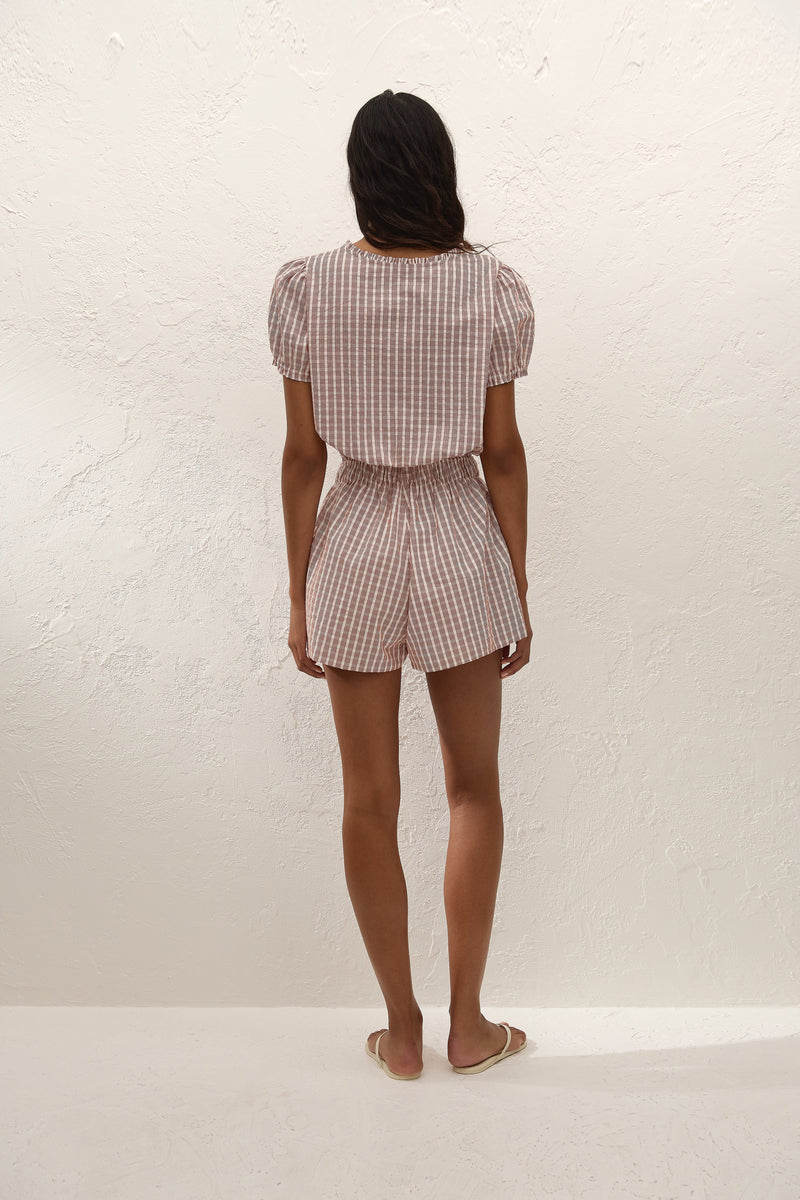 Emilie Playsuit Paloma Check Cinnamon White